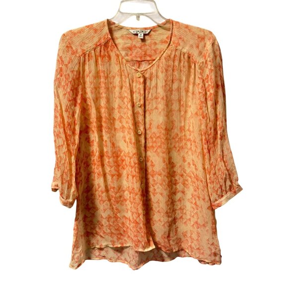 Cabi Womens Button-Down Silk Sheer Blouse Sz M Orange & Cream Geometric Print - Picture 7 of 12